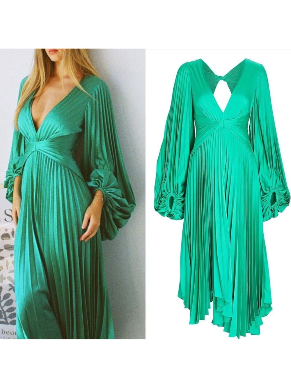 ACLER Palms Pleated Long Sleeve Asymmetric Satin Green Midi Dress Sz 6